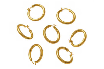 Golden hoop earrings falling, jewelry fashion accessory for women, luxury precious metal isolated on transparent background