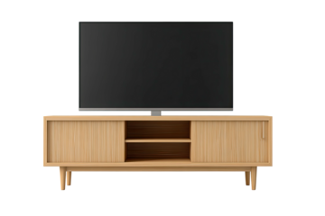 Modern TV, wood stand, two shelves, minimalistic on black
