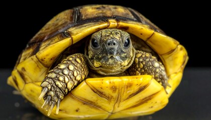 Close-up of a turtle with a yellow shell on a black background, focused on the face
