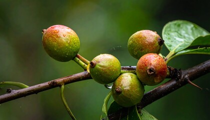 Close-up of ripe, colorful berries on a branch with water droplets, showcasing nature's beauty in detail