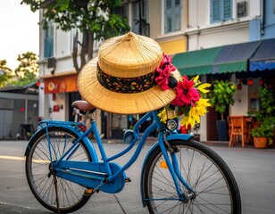 Blue bicycle with a hat and flowers parked on a street in front of a row of buildings