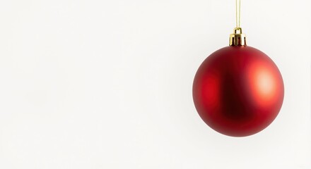 Red Christmas bauble hanging on a string. Isolated holiday ornament on a plain white background. Minimalist festive decoration with copy space for text