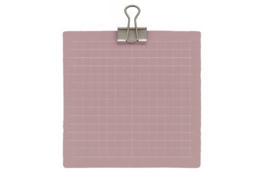 Pink grid sticky note with binder clip on transparent background for reminder and blank message