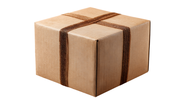Brown cardboard box tied with ribbon, isolated on transparent background for shipping