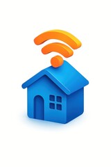 Blue cartoon house with bright orange wi fi signal waves emanating from the roof