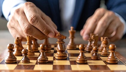 Close up of a man in a dark blue suit moving a chess piece on a wooden chessboard during a strategic game with focused lighting