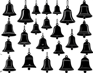 Obraz premium Black silhouette depiction of multiple bells with various shapes and sizes arranged on a white backdrop