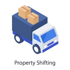 Isometric illustration of a blue delivery truck loaded with cardboard boxes signifying property shifting and logistics
