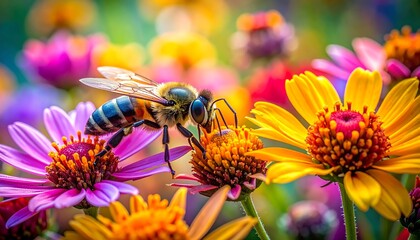 A busy bee collecting nectar from a vibrant, colorful wildflower garden on a sunny day