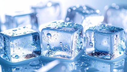 Close-up of clear ice cubes with water droplets reflecting light on a cool blue surface with soft focus background