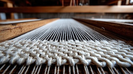 Close-Up View of Loom Weaving Process, Natural Fibers Threaded on Wooden Loom, Craftsmanship and Artistry in Textile Creation, Handmade Traditions