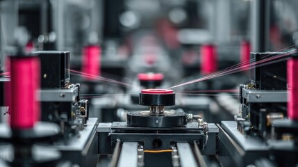 Fototapeta premium High-Resolution Close-Up of Industrial Textile Machine with Spools and Threads in Motion