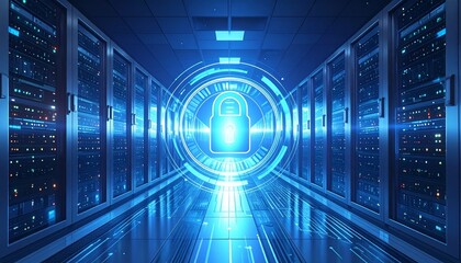Glowing padlock hologram in futuristic data center with server racks and circuit floor, symbolizing cybersecurity.