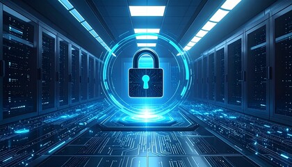 Glowing padlock hologram in futuristic data center with server racks and circuit floor, symbolizing cybersecurity.