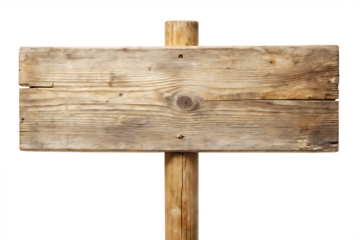 Rustic weathered wooden signpost with blank plank for text and information isolated on transparent background