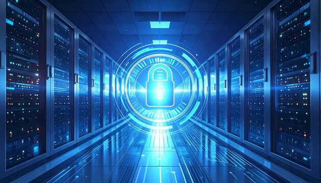 Glowing padlock hologram in futuristic data center with server racks and circuit floor, symbolizing cybersecurity. - Powered by Adobe