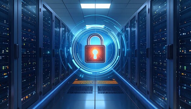 Glowing padlock hologram in futuristic data center with server racks and circuit floor, symbolizing cybersecurity.