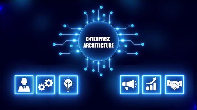 Digital illustration of enterprise architecture concept with icons and glowing circuit board on dark blue background
