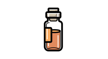 A glass vial of orange liquid with a label, topped with a stopper, outlined in black