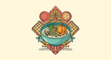 A cartoon illustration features a turquoise bowl of stew with pumpkin, corn, and decorations