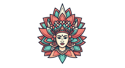 A stylized, colorful drawing of a woman with a flower-like headpiece
