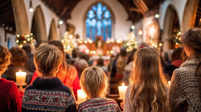 Children Watching Christmas Eve Mass Holding Candles Inside a Beautifully Decorated Church