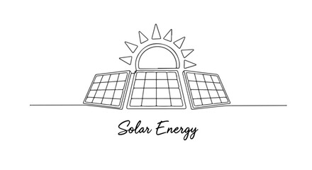 Obraz premium One line continuous drawing of solar panels and sun symbolizing renewable energy and sustainability, clean power generation