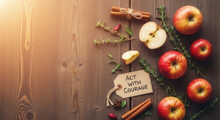 Apples cinnamon sticks and tag arranged on wooden surface