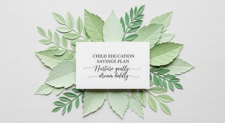 Child Education Savings Plan card surrounded by green paper leaves