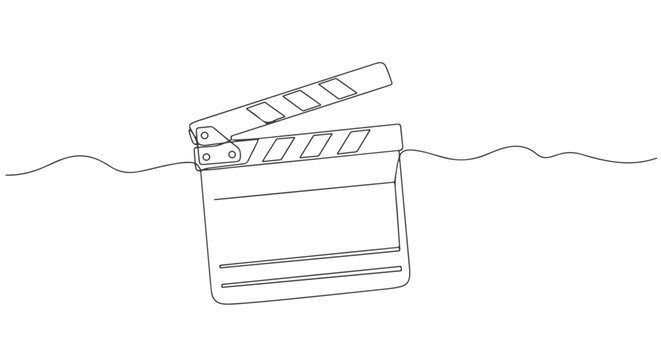 A movie clapperboard floating on the water's surface, drawn in a minimalist continuous one line art style d