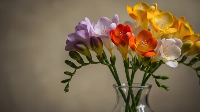 A vibrant bouquet of colorful freesia flowers in a glass vase on a plain background