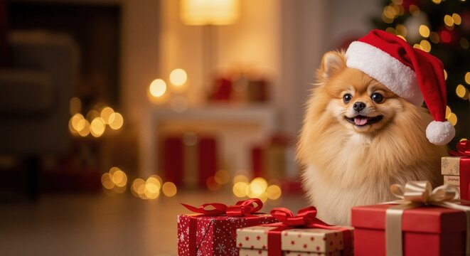 A cute Pomeranian dog wearing a Santa hat with Christmas presents. Adorable fluffy spitz puppy in a festive holiday home setting.