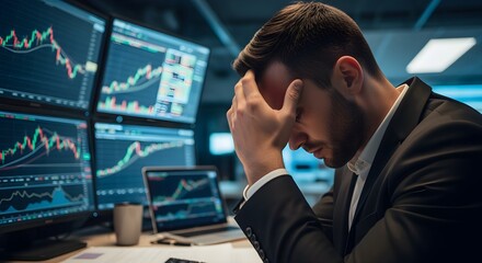 Stressed investor facing market downturn, overwhelmed by financial data on multiple screens, grappling with economic uncertainty and immense pressure
