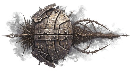 A tarnished metal shield and thorny branch rendered in a dark fantasy digital style art.
