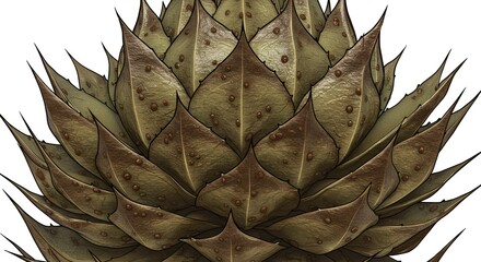 Detailed botanical illustration featuring a succulent plant with spiky leaves and textured surface.