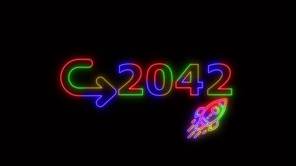 Neon glowing 4 ti neon color rocket launch with 2042 target goal symbol, futuristic business growth concept animation for Stuart success and achievement presentation