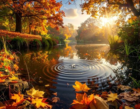 Autumn leaves adorn a pond with rippling water under a sky filled with golden sunlight