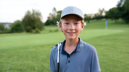 Happy Young Boy at Golf Training Session on Course