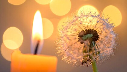 Warm glowing candle illuminates a delicate dandelion seed head adorned with sparkling dew drops against a soft bokeh background, evoking serenity and hopeful wishes