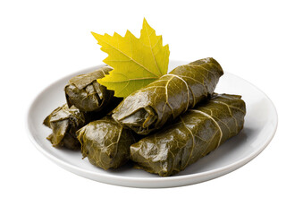 Stuffed vine leaves on a white plate, garnished leaf