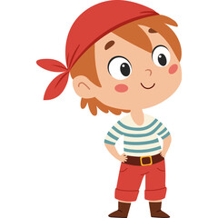 Cartoon Pirate Boy Red Bandana Striped Shirt Red Pants and Boots Standing Confidently with Hands on Hips