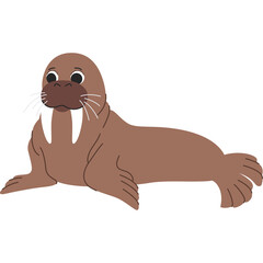 Cartoon Walrus Resting Brown Fur Big Tusks Whiskers Cute Arctic Animal Isolated Transparent Background Simple Flat Design Style