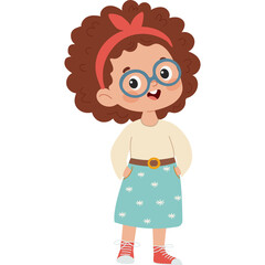 Cartoon young girl with curly brown hair blue glasses red headband and white long sleeve shirt with blue polka dot skirt and red shoes standing hands in pockets with transparent background