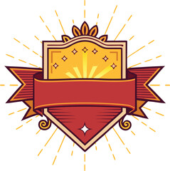 Vintage emblem with ribbon and sunburst background