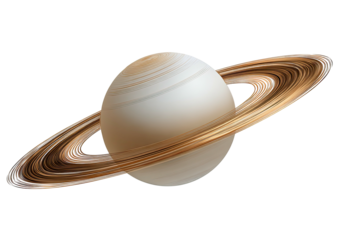 Ringed planet, beige and white, in orbit