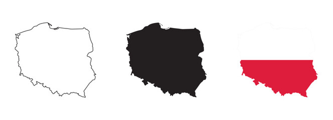 set of Poland map designs — country outline, black silhouette, and national flag version with white and red horizontal stripes, isolated on white background for geography, travel, education,