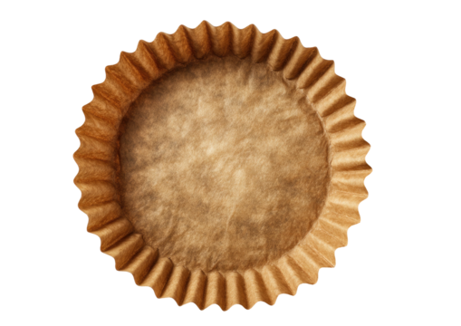 Empty brown paper cupcake liner, fluted edges, overhead view