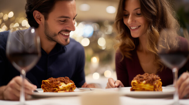 Romantic Dinner with Traditional Cannelloni Pasta and Smiling Couple