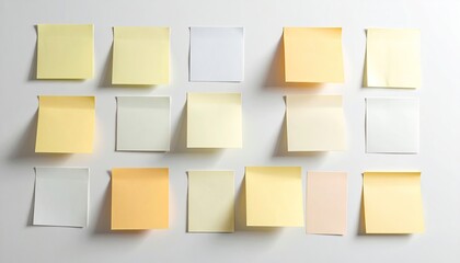 Fifteen colorful sticky notes attached to a clean white wall creating a visually appealing and organized display of information and reminders for planning and memory keeping