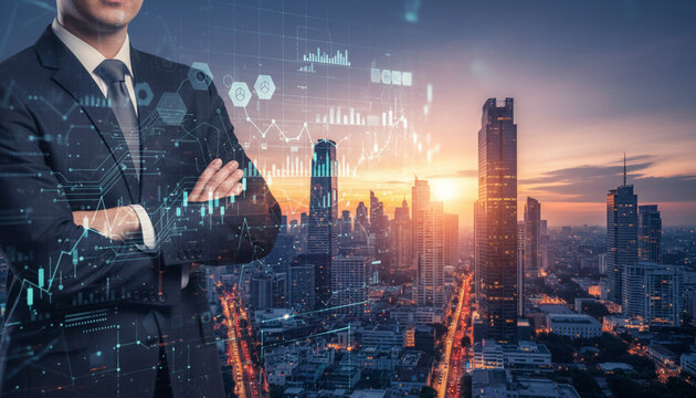 ビジネスマンとビジネス街の二重露光ポートレート　　ビジネスアイコン　ビジネス戦略のイメージ